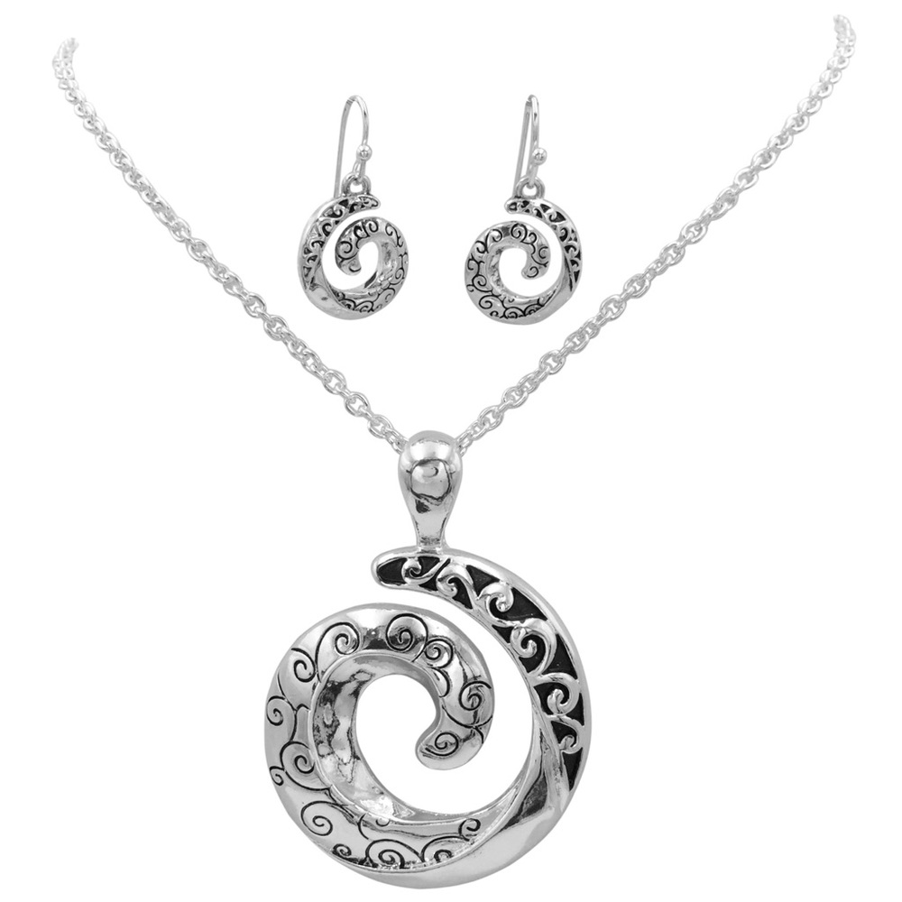 Open Swirl Silver Simple Necklace Earrings Set